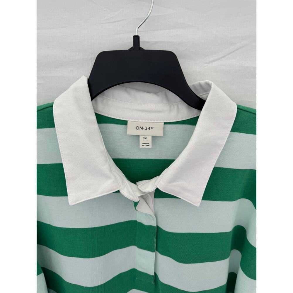ON-34TH Women’s XXL Green & White Striped Polo Knit Long Sleeve Shirt - Picture 2 of 8